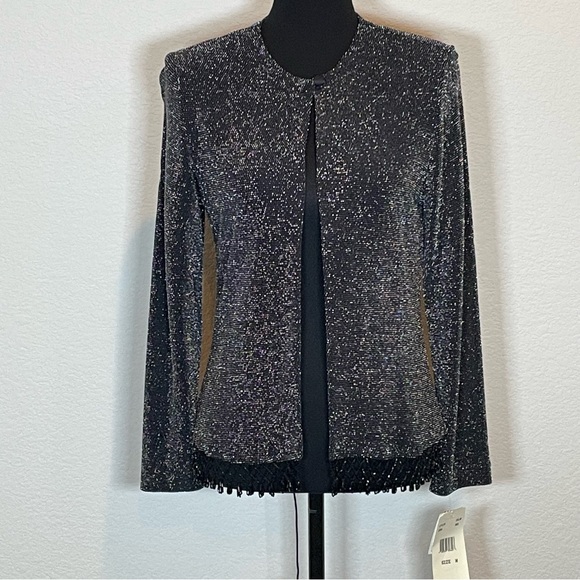 Xscape Black Glitter Beaded Fringe Formal Evening Jacket w/o Tank Size M - Picture 1 of 8